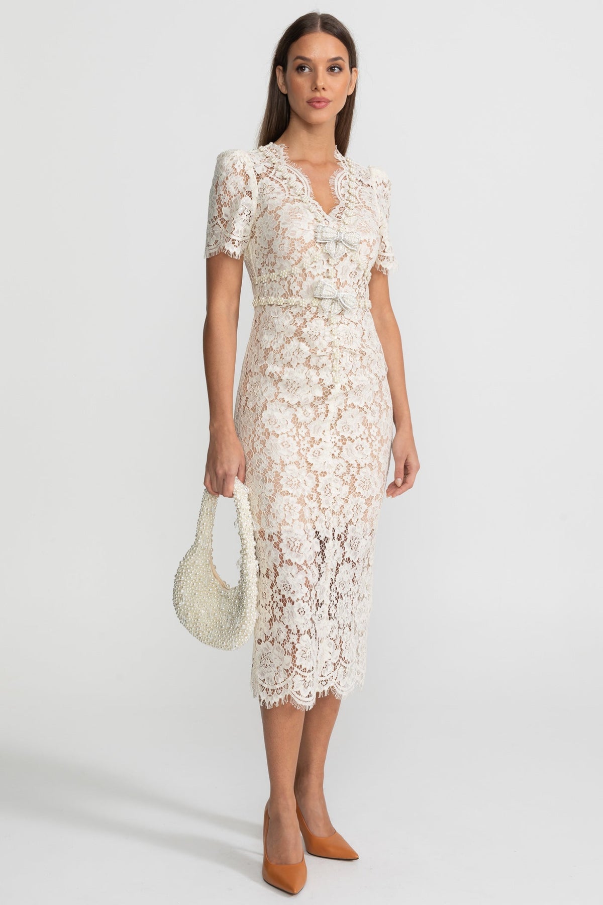 Floral Lace V-Neck Short Sleeve Bow Front Scalloped Hem Midi Dress 4