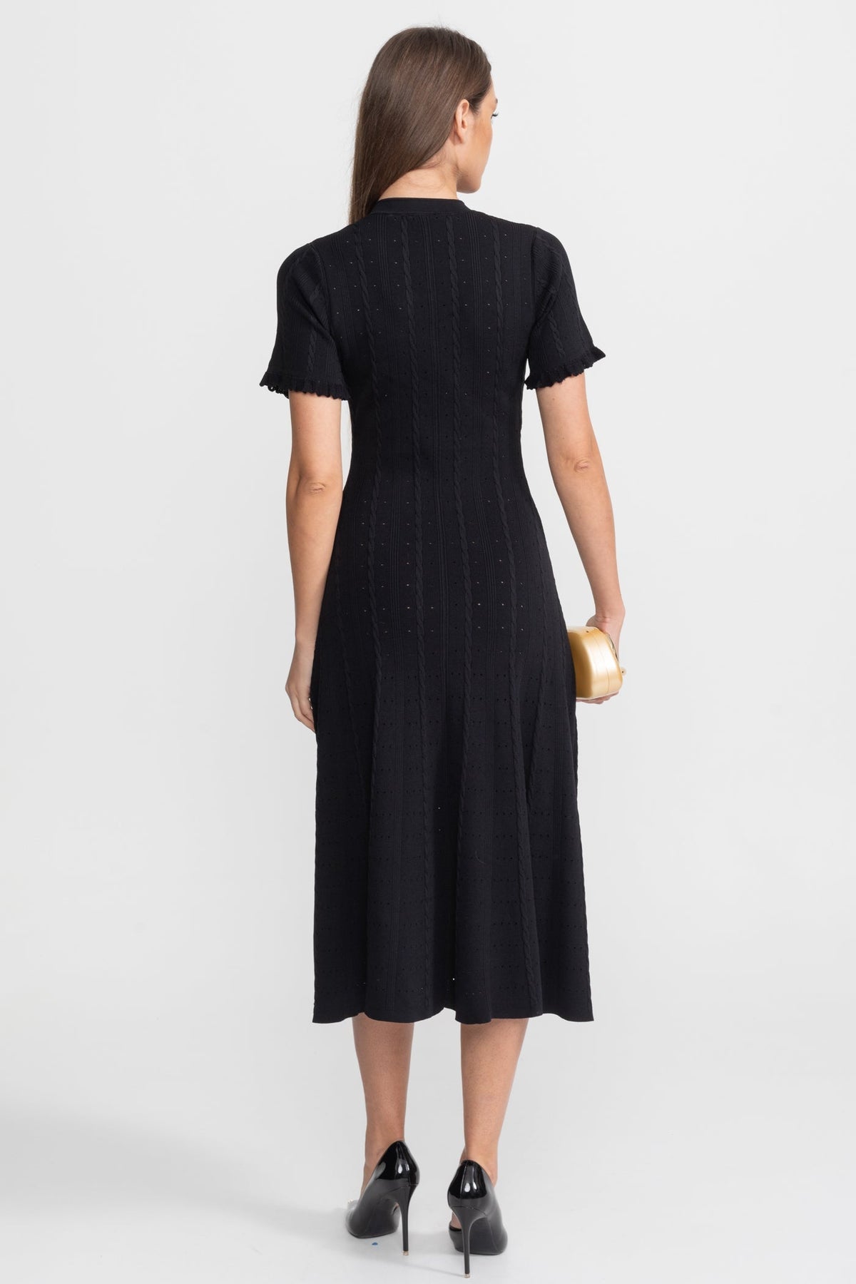Pointelle Knit Button Front Short Sleeve Ruffle Cuff A-Line Midi Dress 5