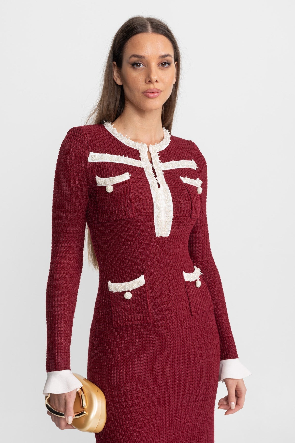 Knit Contrast Trim Ruffle Cuff Patch Pocket Long Sleeve Midi Dress - View 4