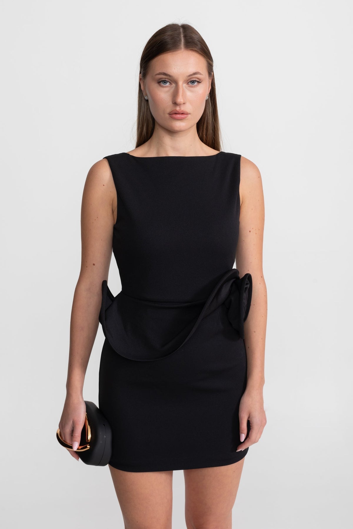 Boat Neck Sleeveless Sculptural Rosette Peplum Bodycon Mini Dress - View 6