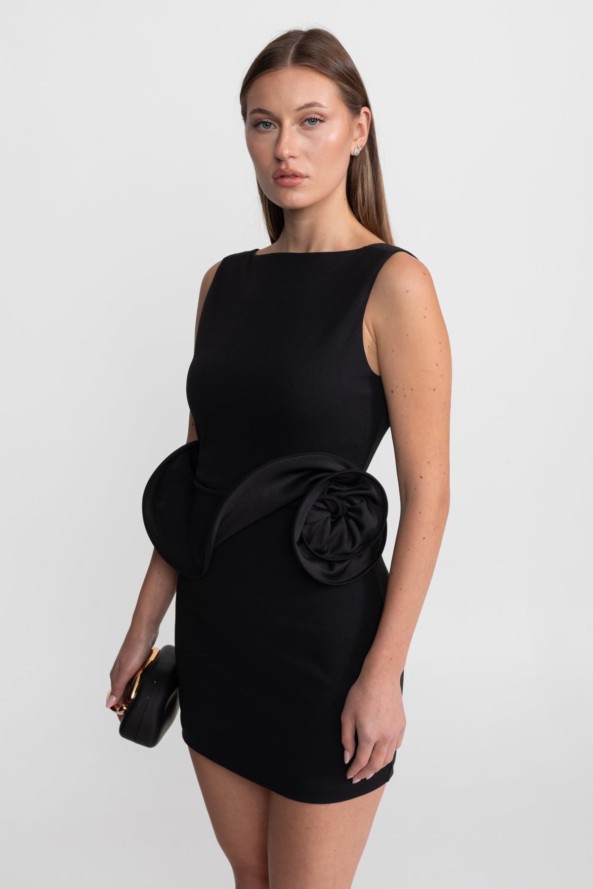 Boat Neck Sleeveless Sculptural Rosette Peplum Bodycon Mini Dress