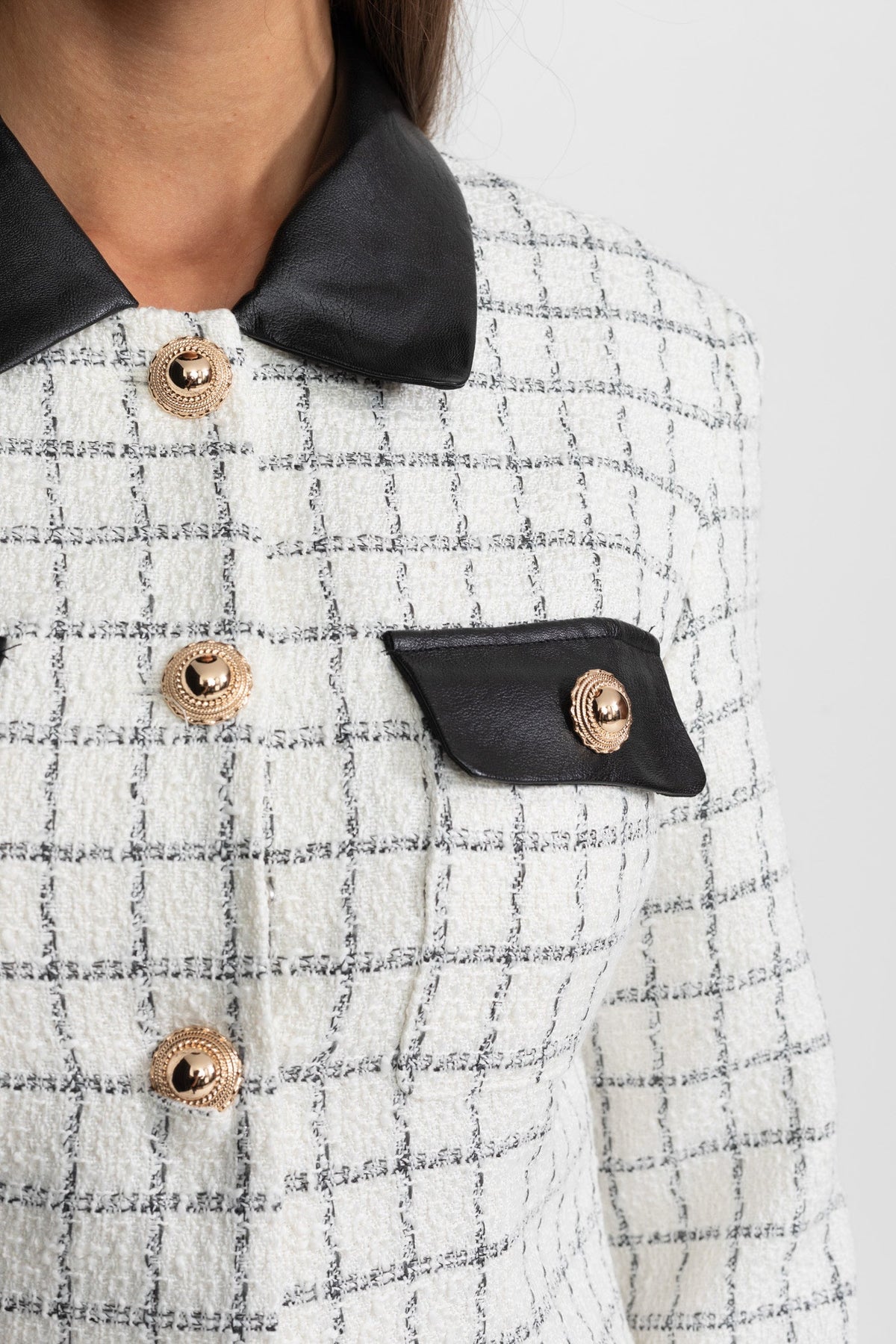Check Tweed Contrast Collar Long Sleeve Button Front Mini Dress 4