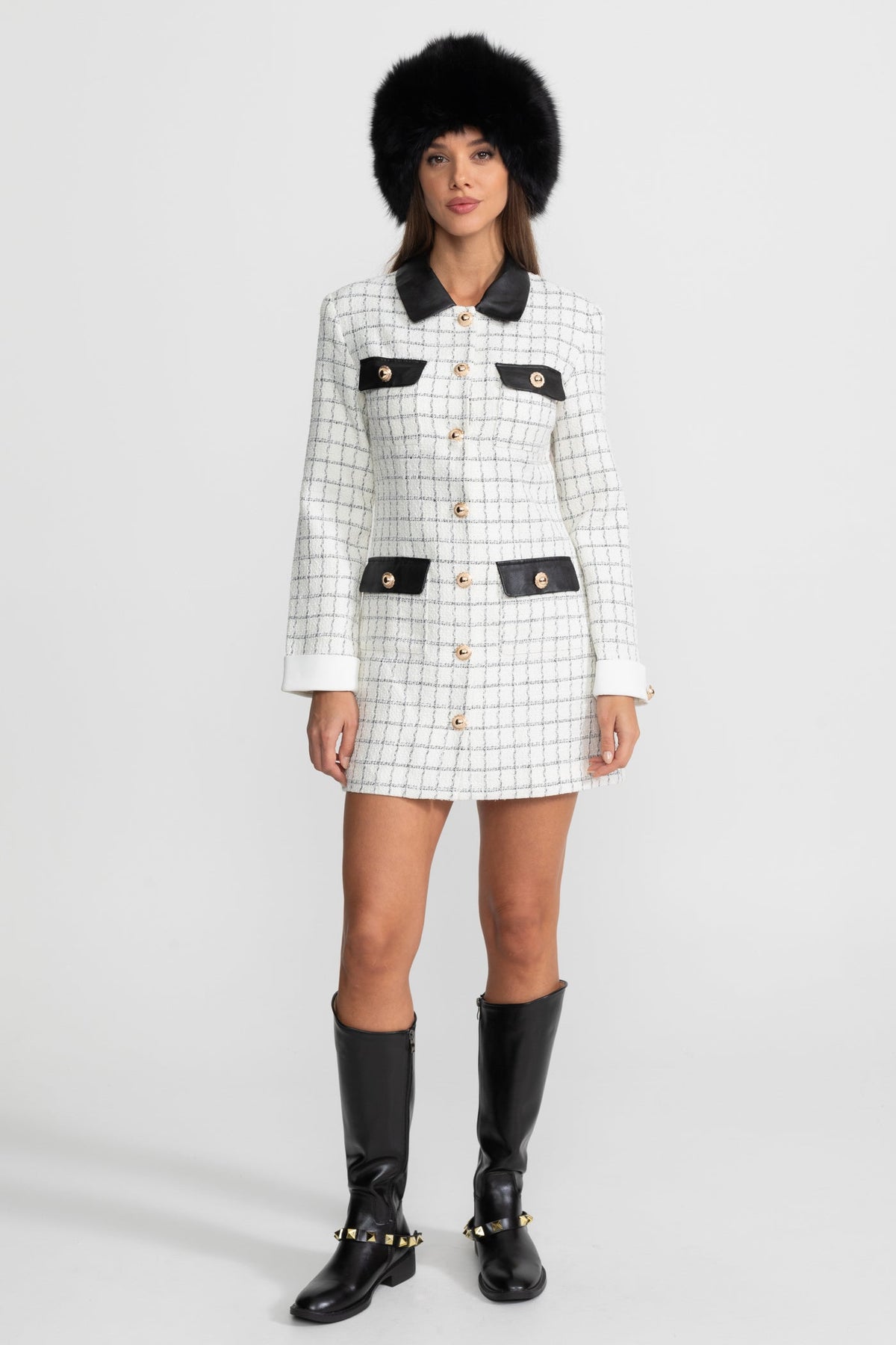 Check Tweed Contrast Collar Long Sleeve Button Front Mini Dress