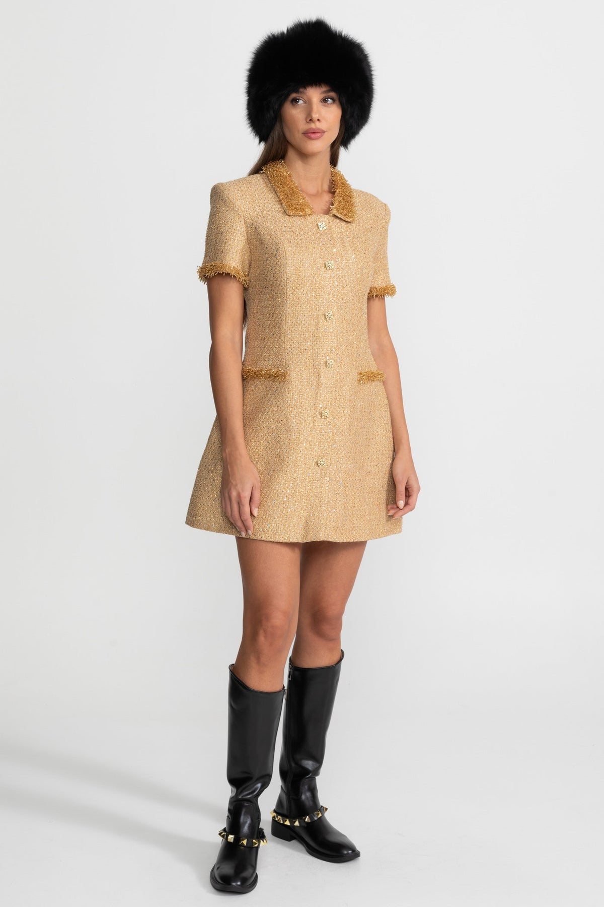 Tweed Short Sleeve Point Collar Metallic Fringe Trim Button Mini Dress - View 3