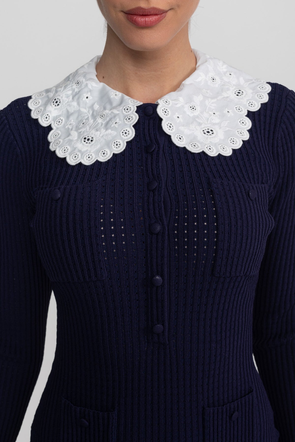 Lace Collar Long Sleeve Ribbed Knit Bubble Hem Mini Dress 4