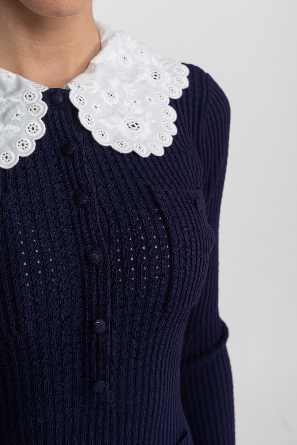 Lace Collar Long Sleeve Ribbed Knit Bubble Hem Mini Dress 5