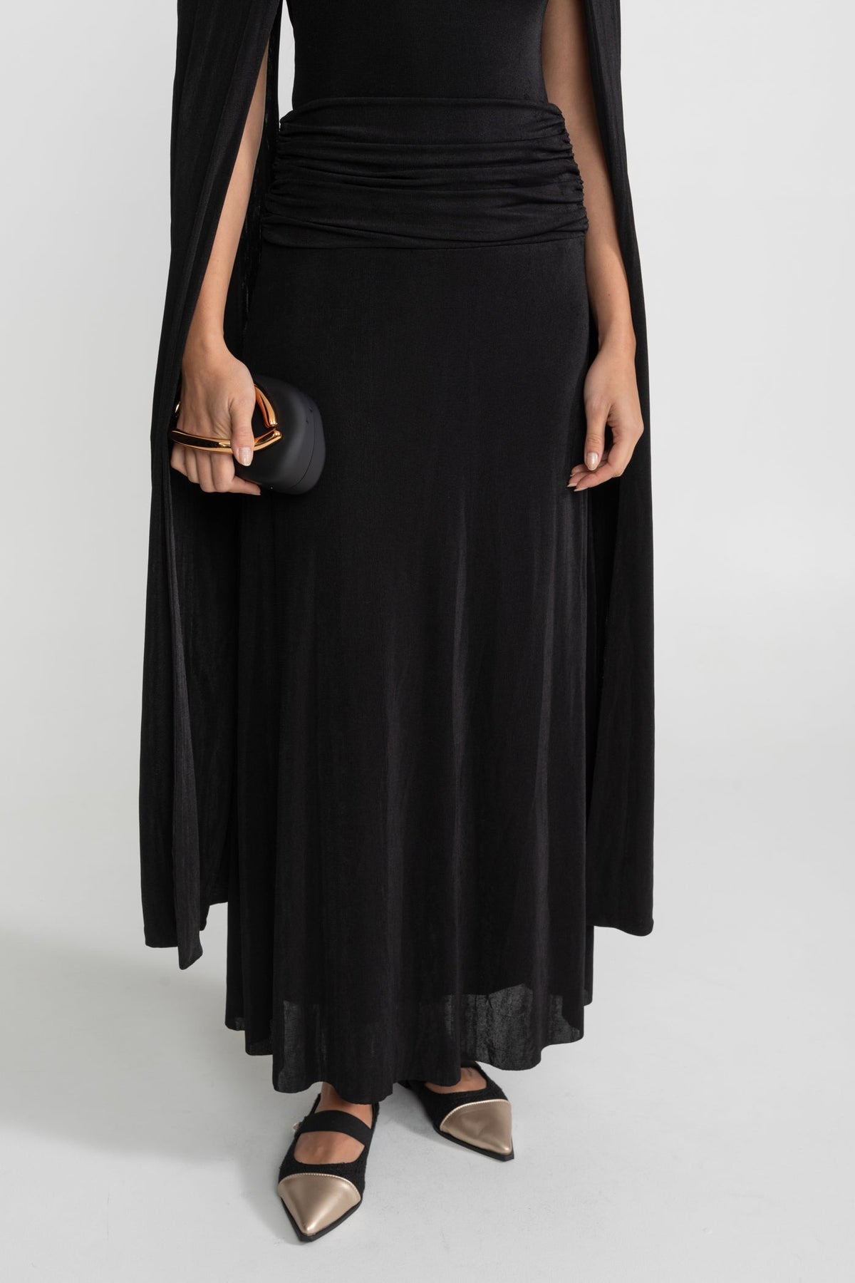 Mock Neck Cape Sleeve Ruched Waist Draped Maxi Dress 4