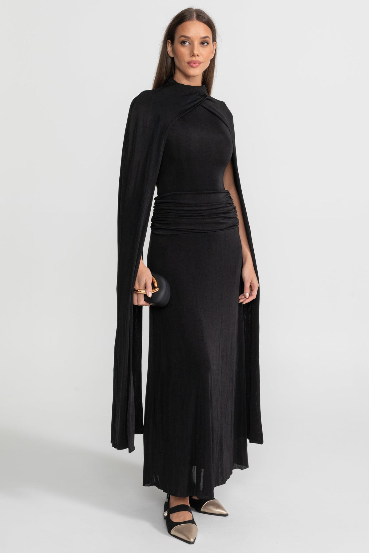 Mock Neck Cape Sleeve Ruched Waist Draped Maxi Dress 2