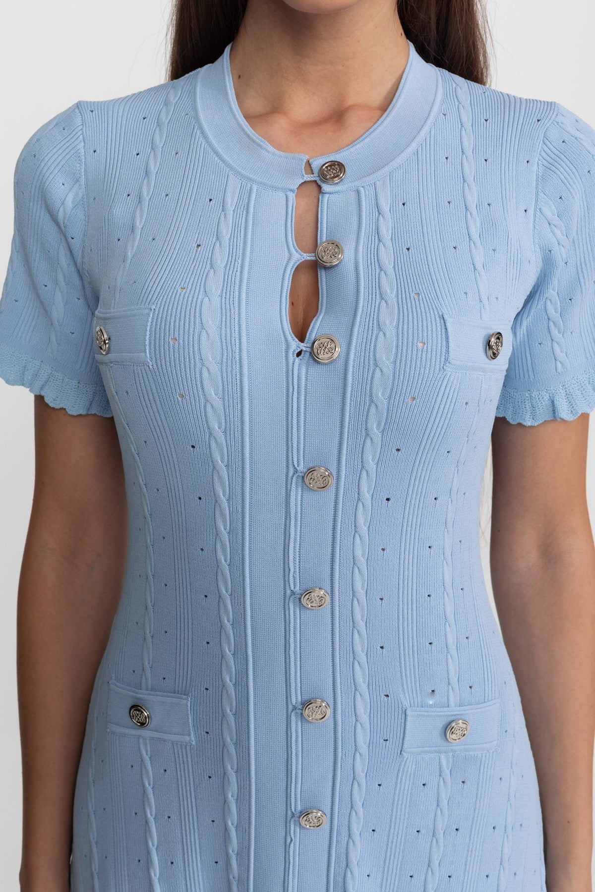 Pointelle Knit Button Front Short Sleeve Ruffle Cuff A-Line Midi Dress 7