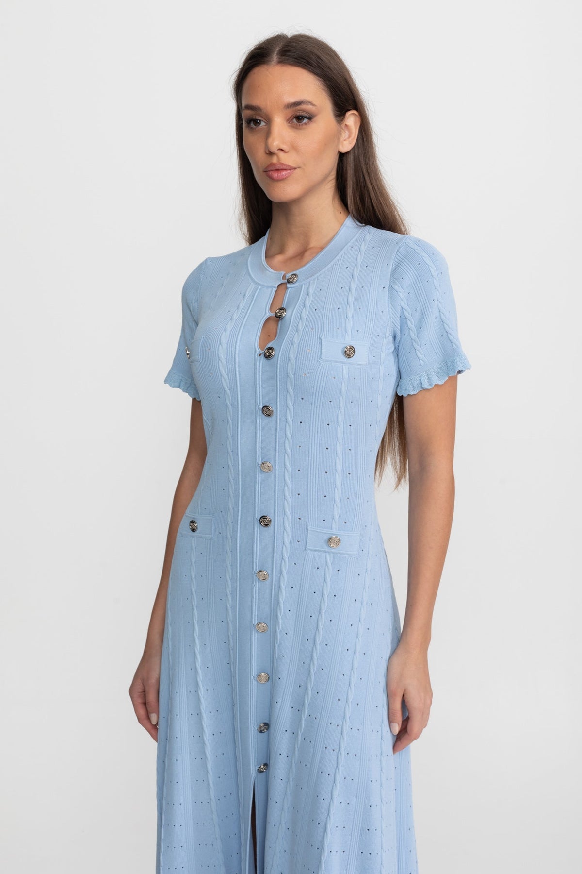 Pointelle Knit Button Front Short Sleeve Ruffle Cuff A-Line Midi Dress 6