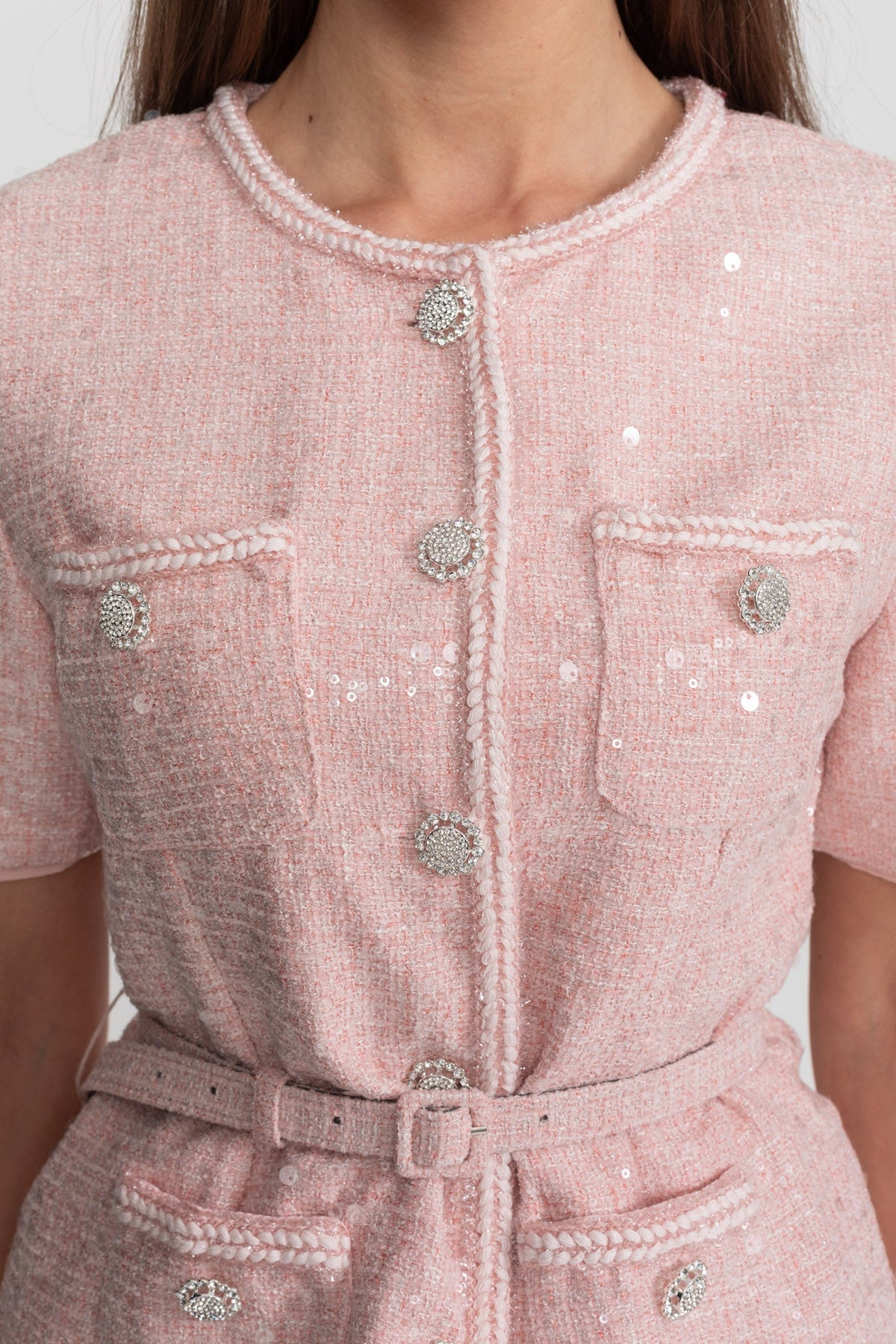 Sequin Tweed Short Sleeve Belted Pleated Chiffon Skirt Midi Dress 3