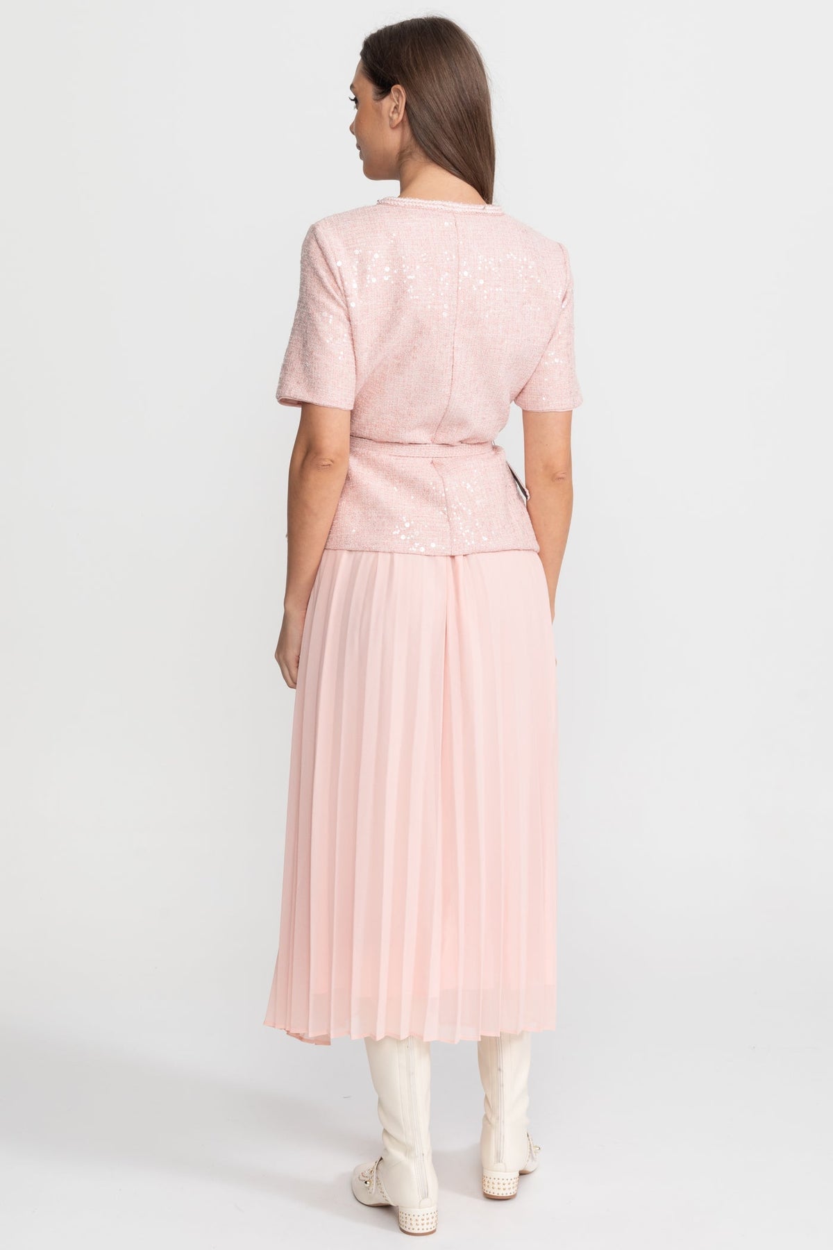 Sequin Tweed Short Sleeve Belted Pleated Chiffon Skirt Midi Dress 5