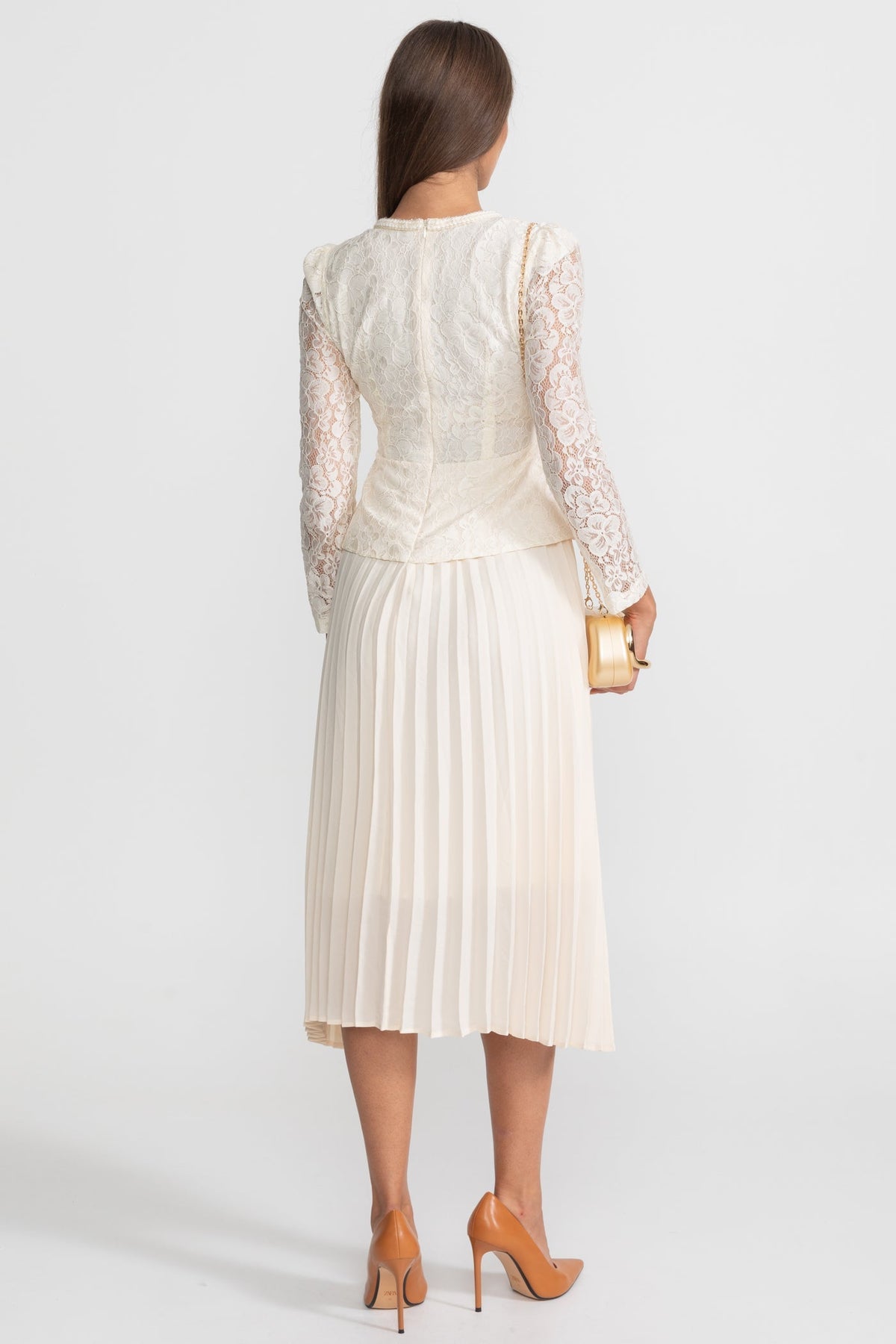 Lace Long Sleeve Button Front Belted Peplum Pleated Midi Dress 6