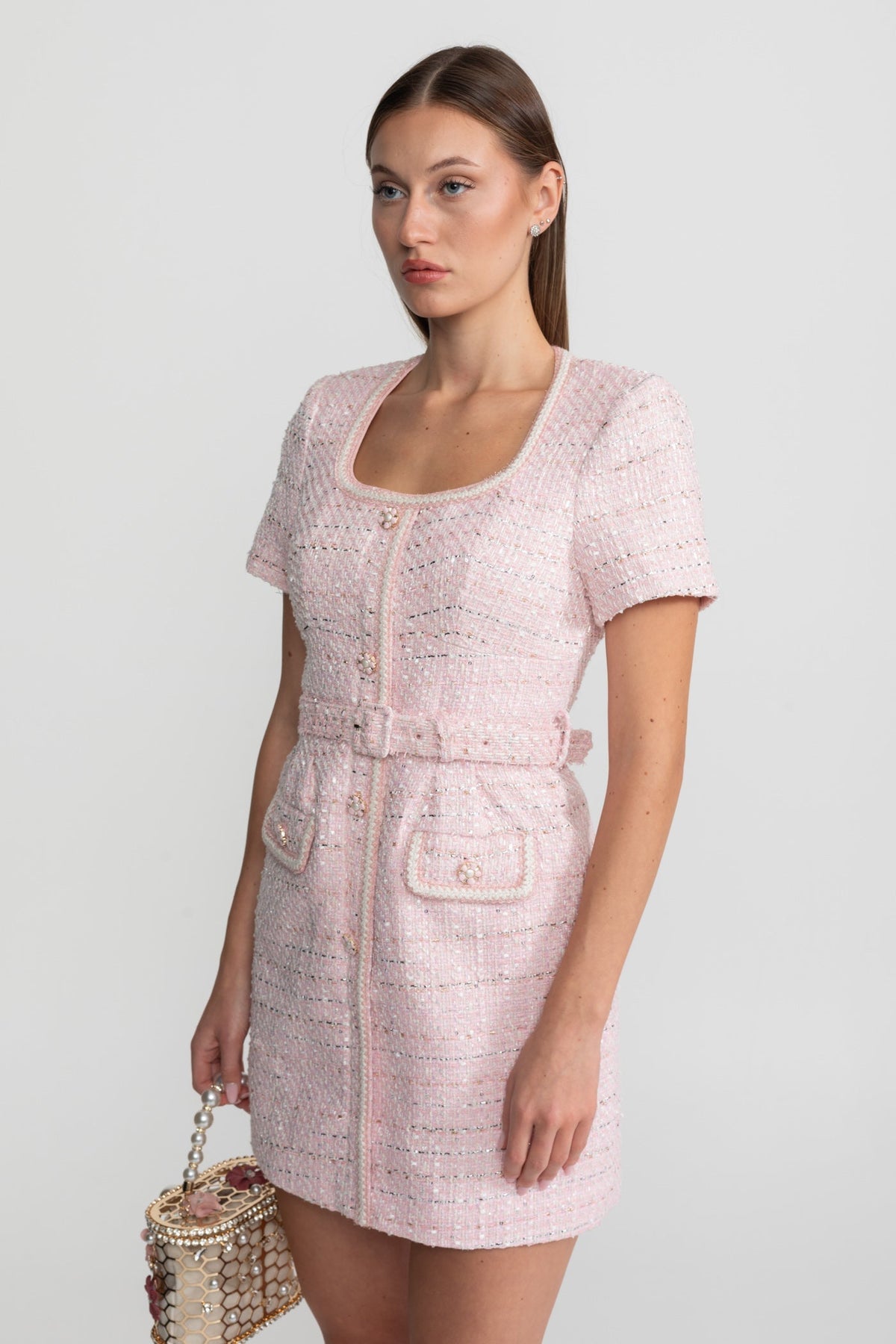 Tweed Square Neck Pearl Trim Button Belt Patch Pocket Mini Dress - View 3