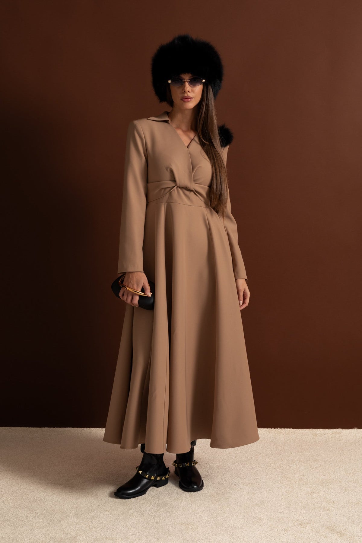 Long Sleeve Deep V Collar Twisted Knotted Waist A-Line Maxi Dress - View 2