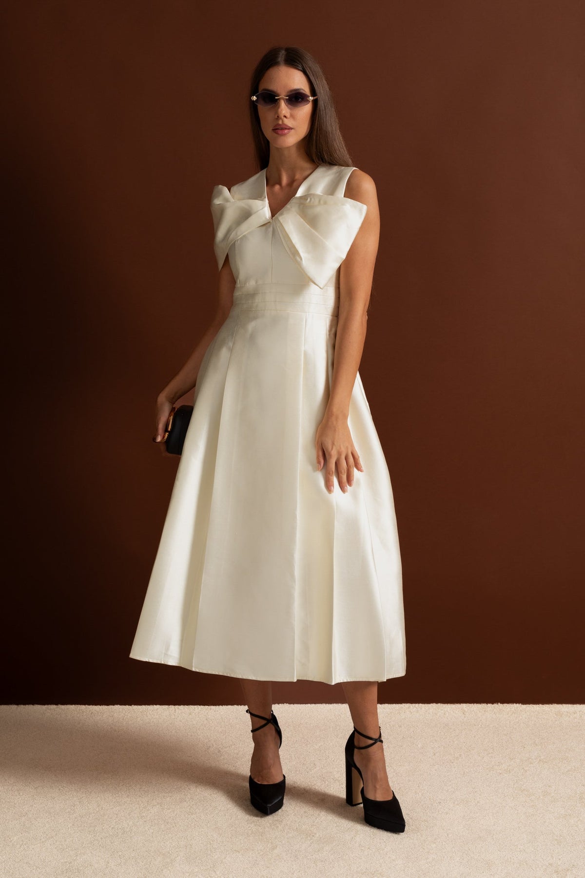 Satin V-Neck Oversized Bow Shoulder Sleeveless Pleated A-Line Midi Dress 4