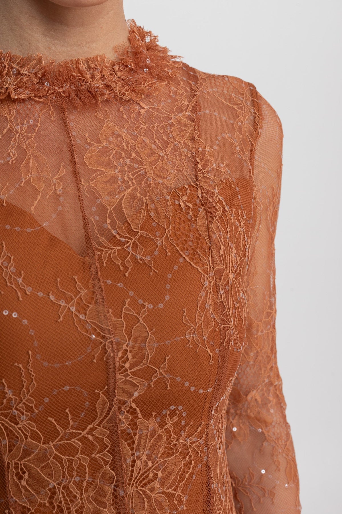 Sheer Lace Ruffle Neck Long Sleeve Flared Cuff Ruffle Hem Mini Dress 7