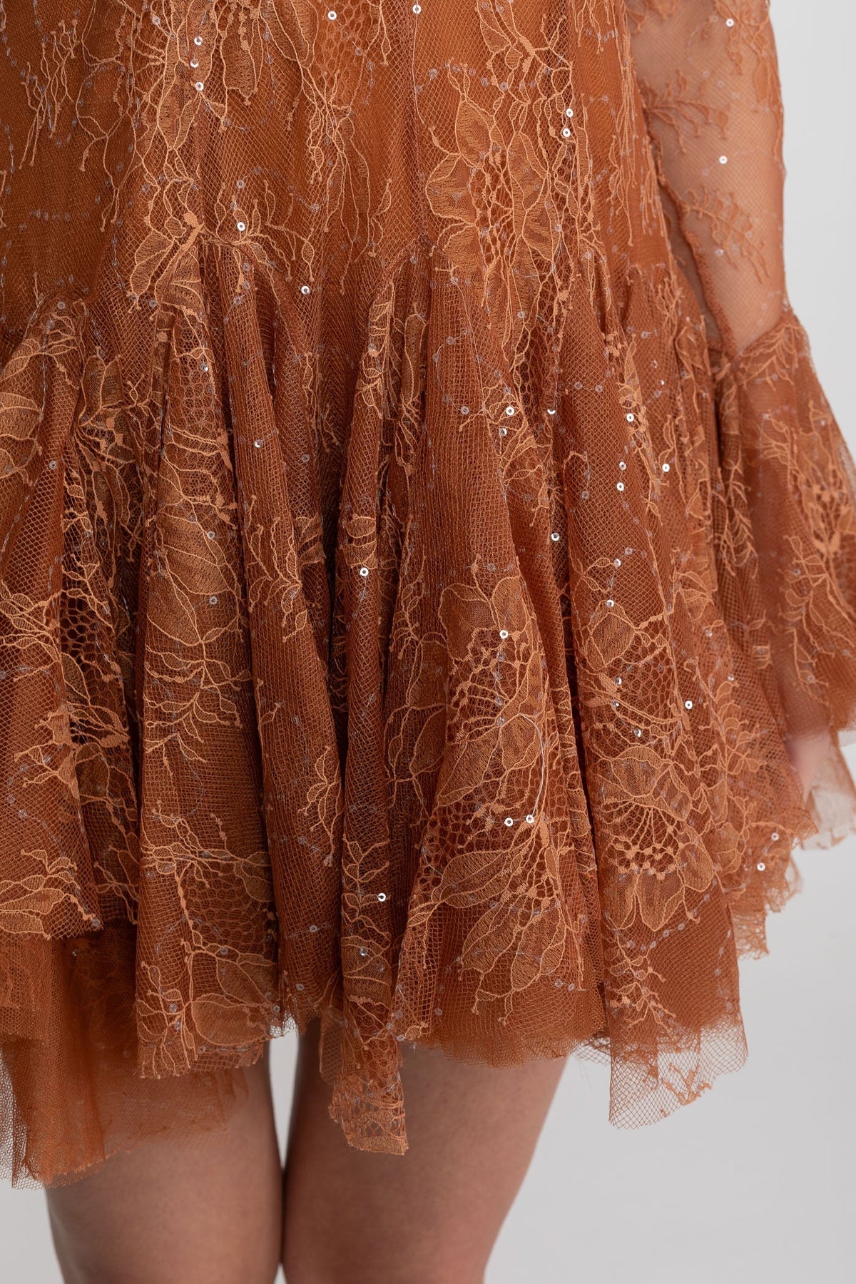 Sheer Lace Ruffle Neck Long Sleeve Flared Cuff Ruffle Hem Mini Dress 6