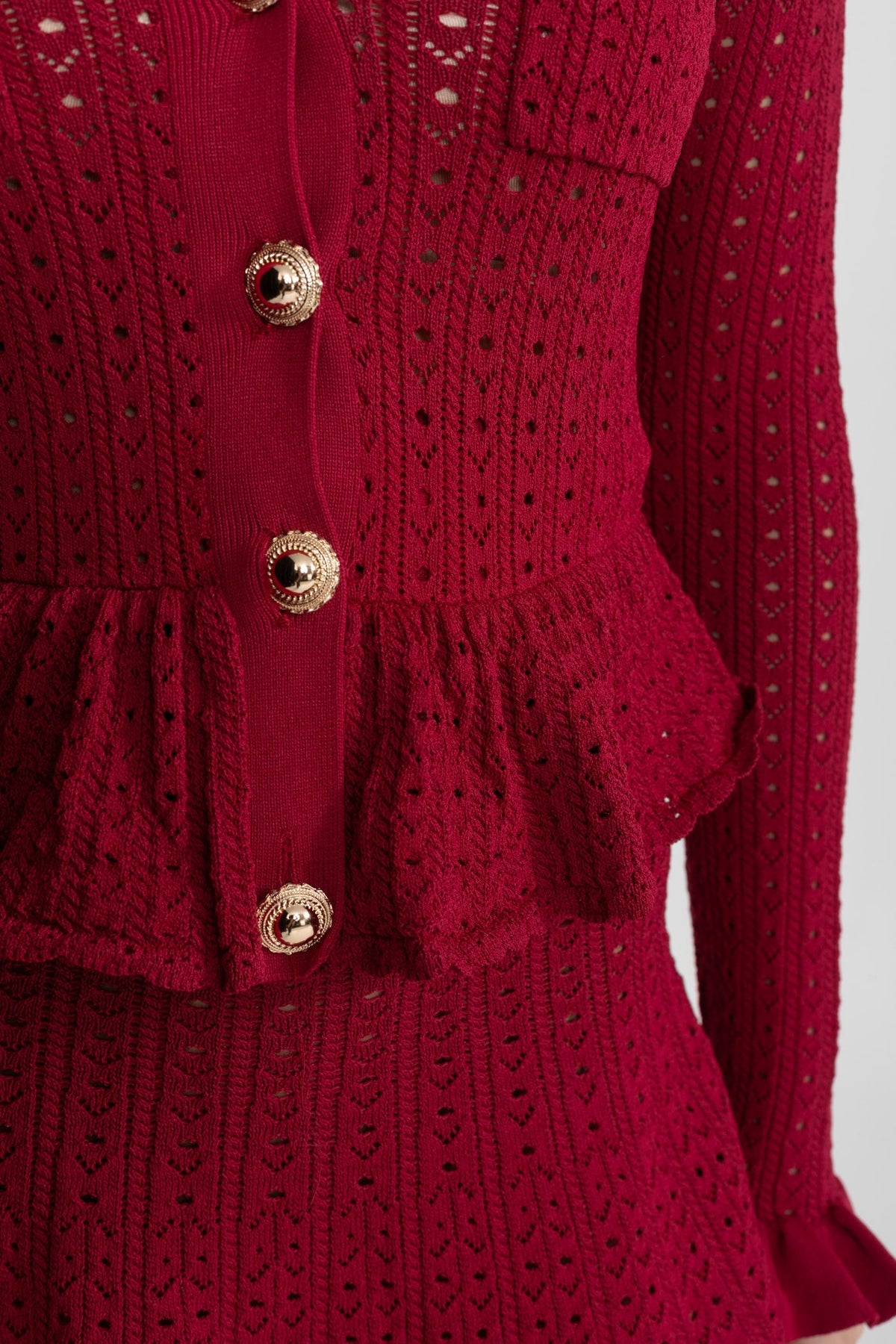 Pointelle Knit V-Neck Collared Long Sleeve Peplum Waist Flared Mini Dress 5