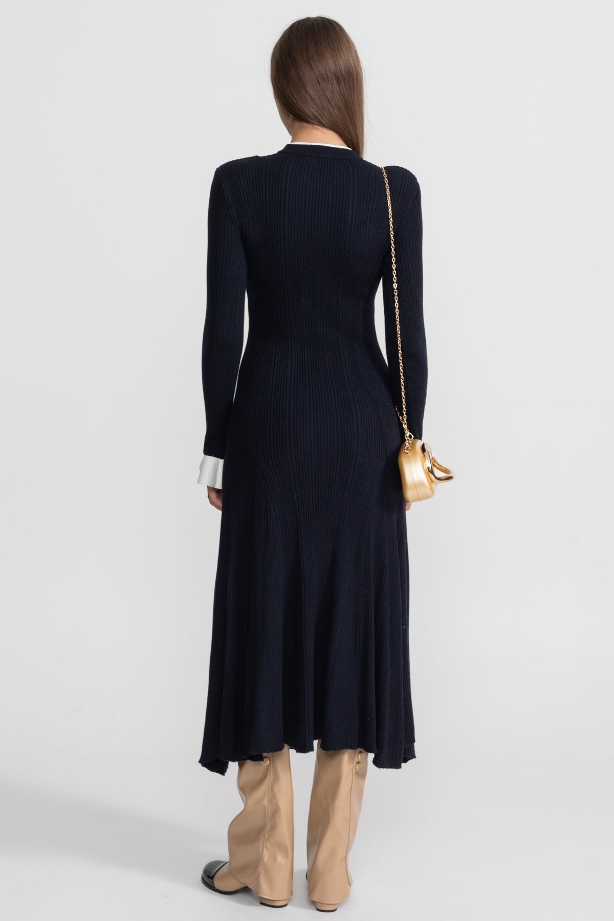 Ribbed Knit Button Front Long Sleeve Contrast Cuff A-Line Midi Dress 4