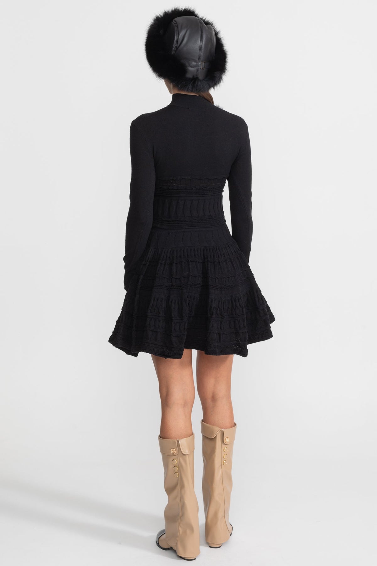 Mock Neck Long Sleeve Textured Knit Tiered Fit and Flare Mini Dress 4
