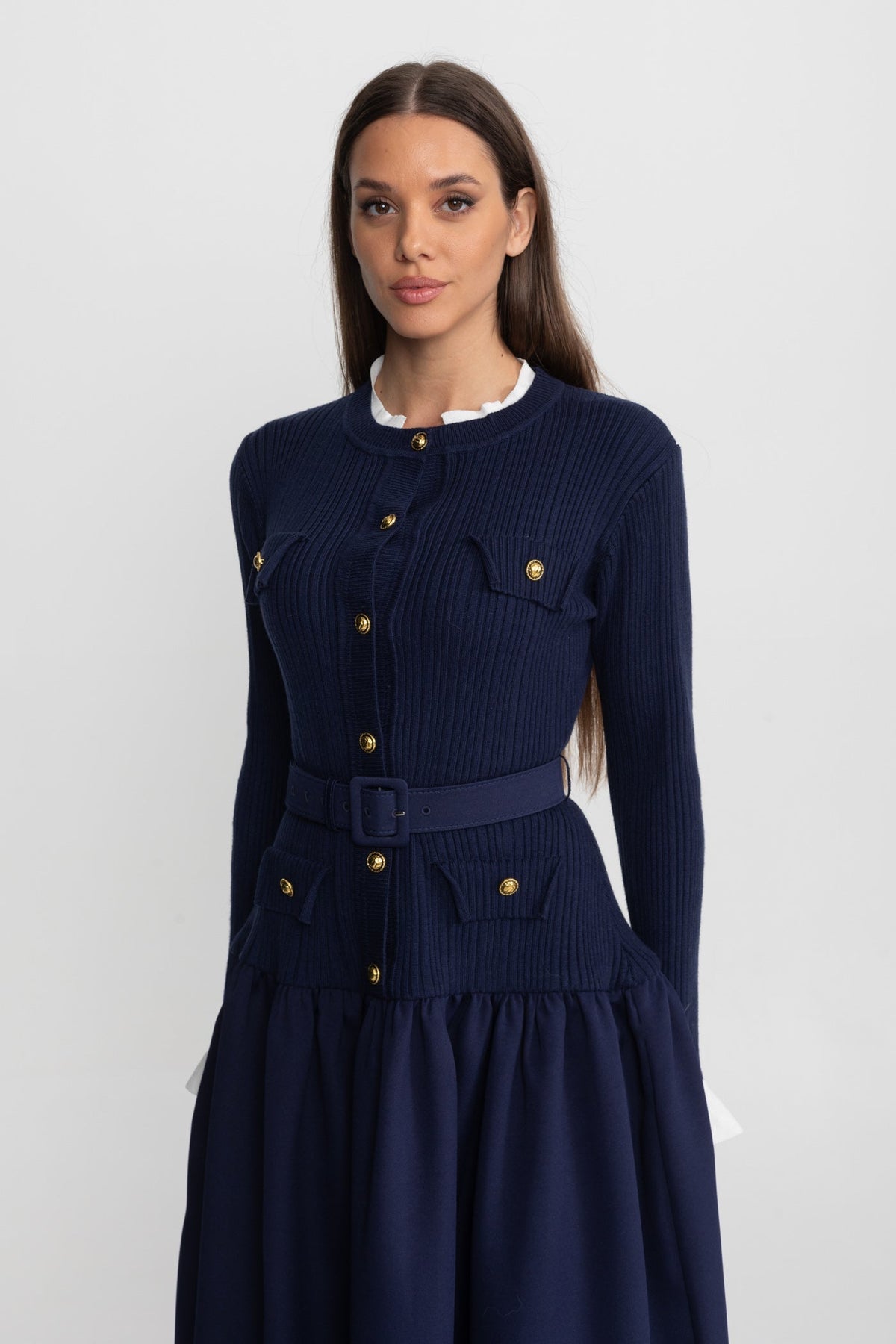 Ribbed Knit Long Sleeve Button Front Belted Drop Waist Midi Dress 4