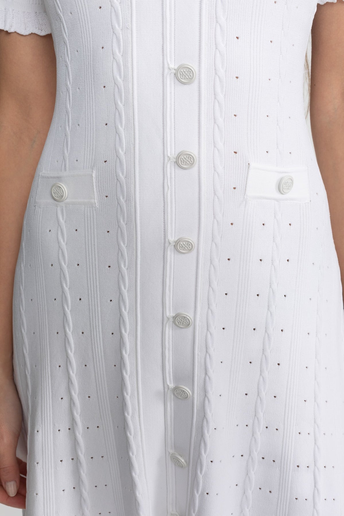 Pointelle Knit Button Front Short Sleeve Ruffle Cuff A-Line Midi Dress 6