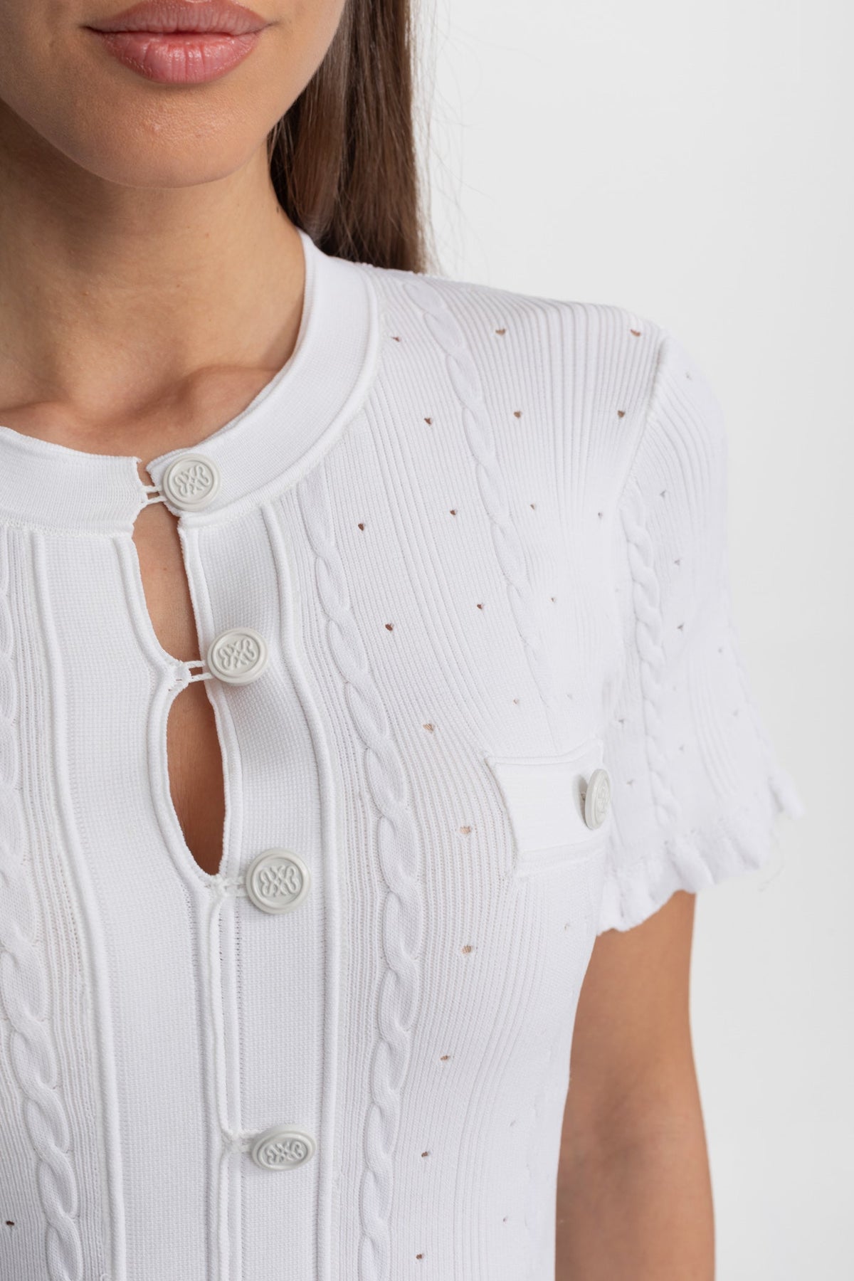 Pointelle Knit Button Front Short Sleeve Ruffle Cuff A-Line Midi Dress 3
