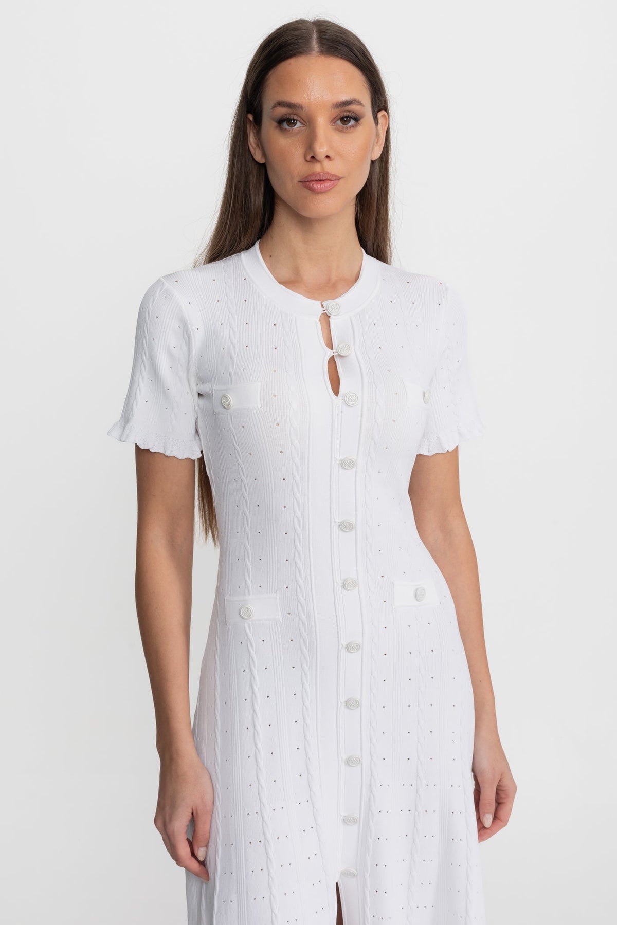 Pointelle Knit Button Front Short Sleeve Ruffle Cuff A-Line Midi Dress 2