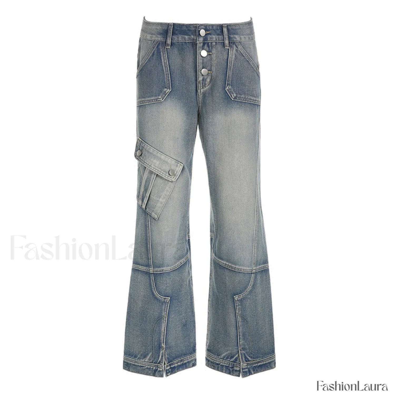 Seamed Pocket Straight Trendy Leg Cargo Jeans