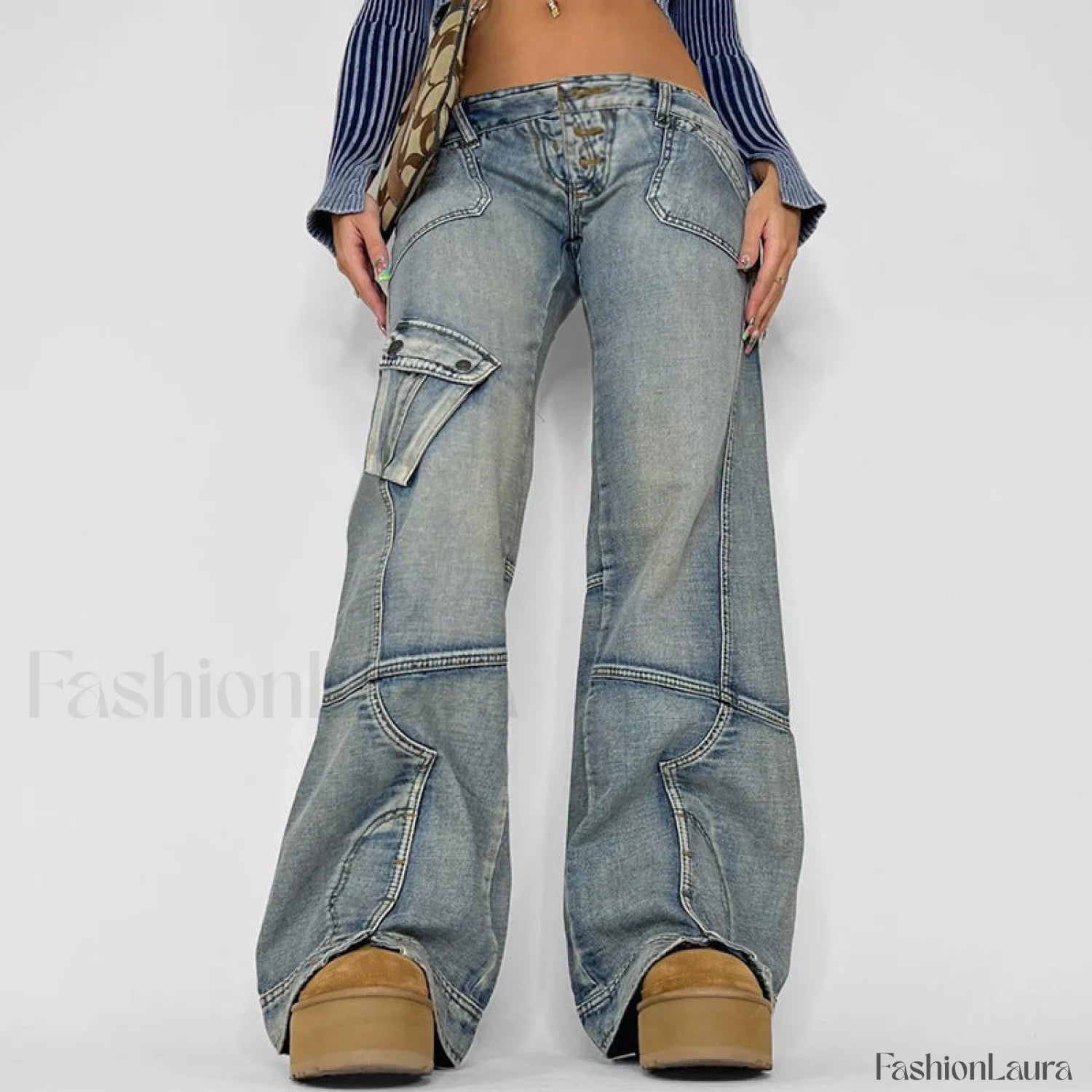 Seamed Pocket Straight Trendy Leg Cargo Jeans
