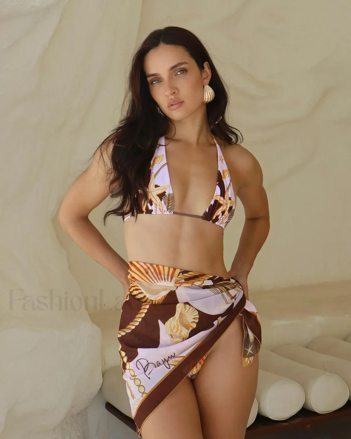 Seashell Print Sarong Bikini Three Piece Set