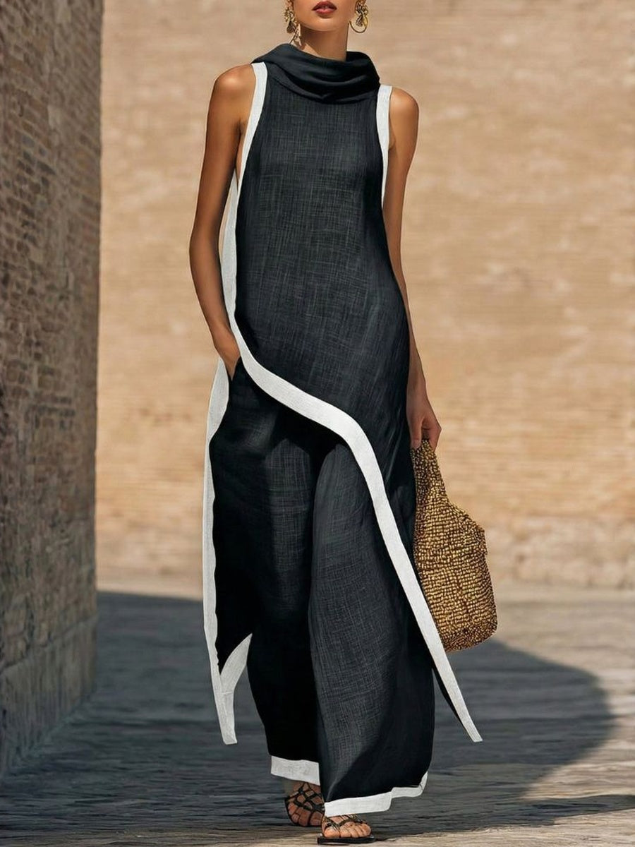 Contrast Trim Sleeveless Top and Wide Leg Pants Two Piece Set
