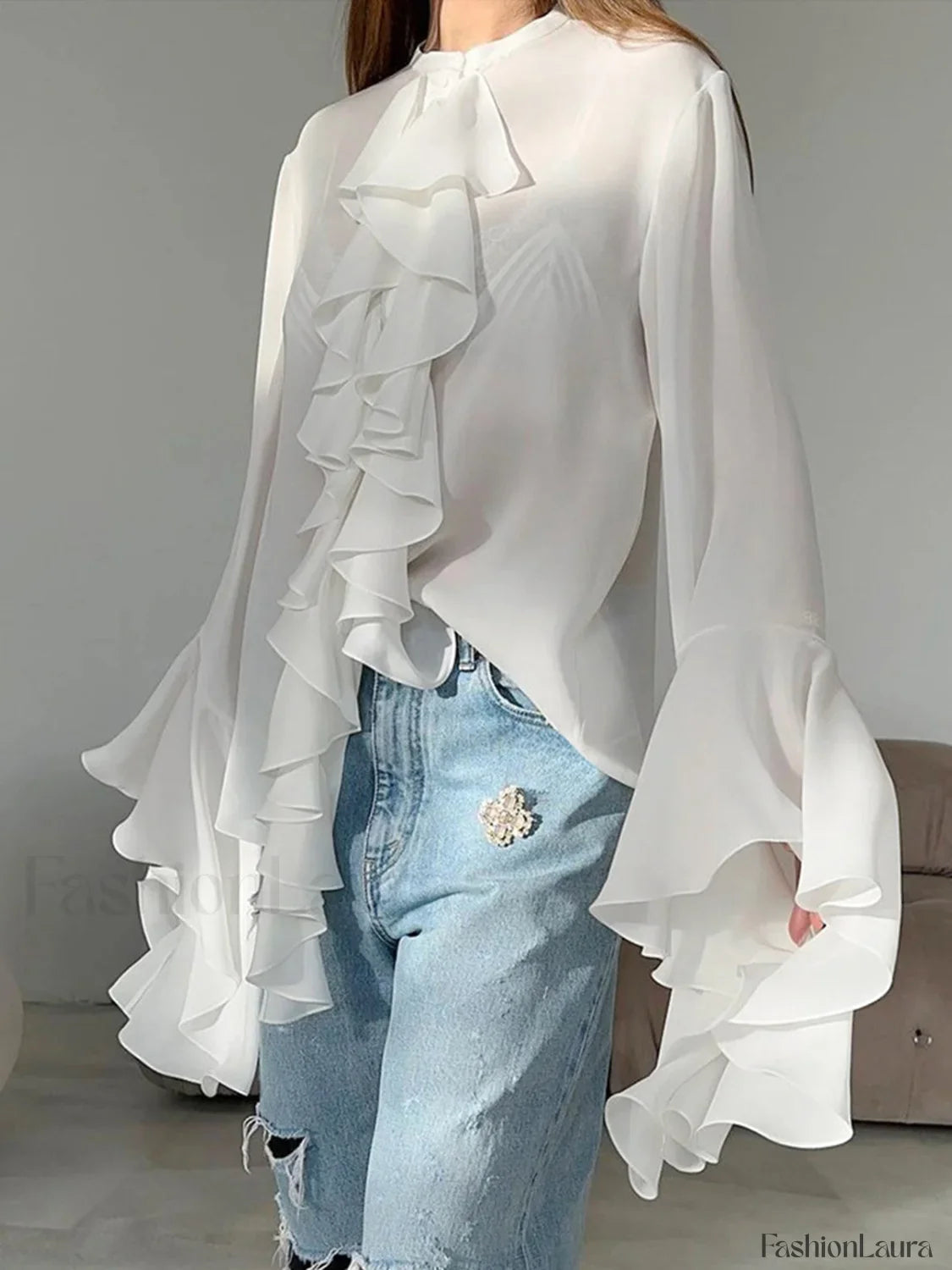 Semi-sheer Chiffon Graceful Ruffled Trim Blouse