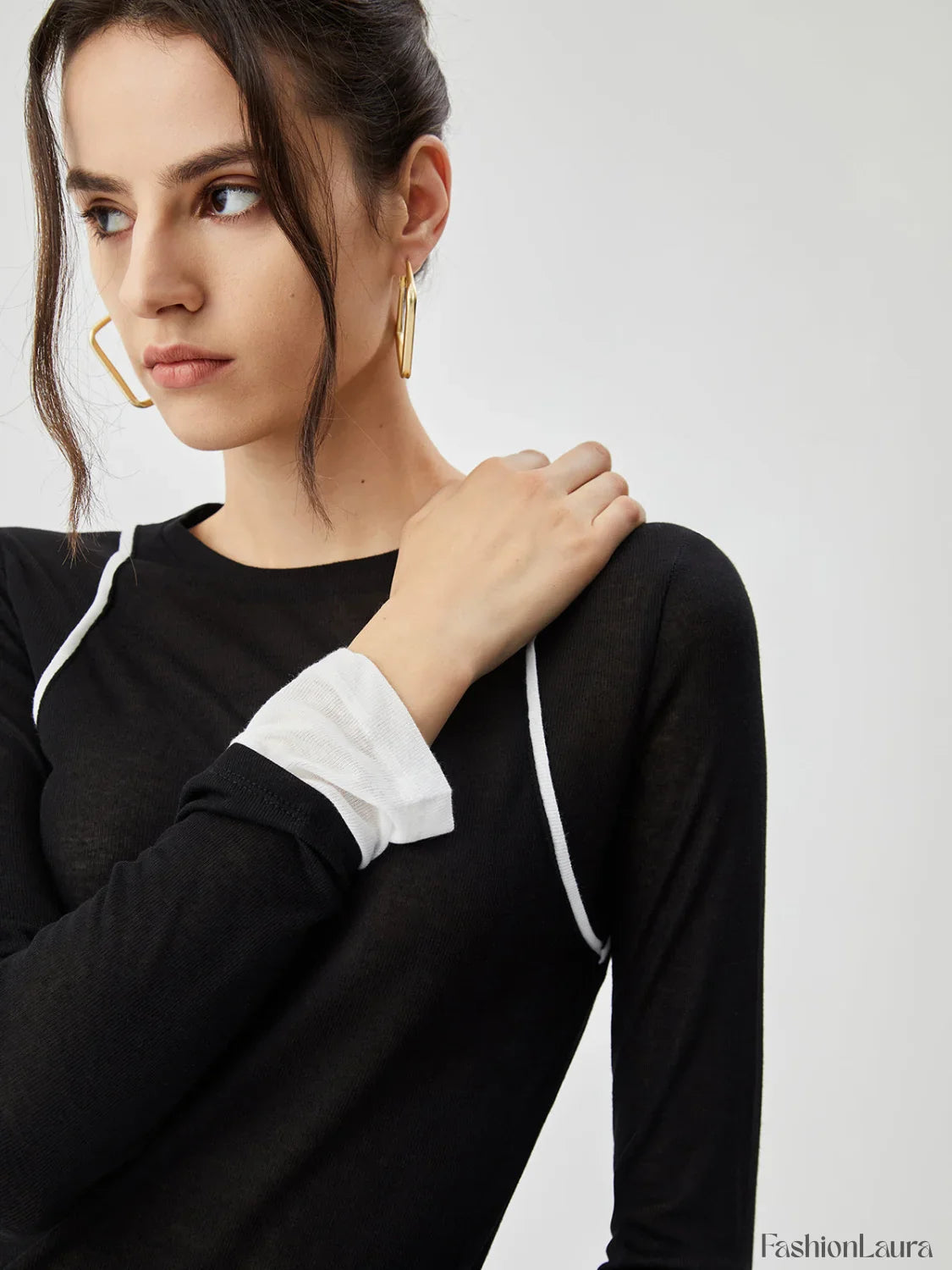 Semi-sheer Contrast Trim Patchwork Modern Long Sleeve Knit Top