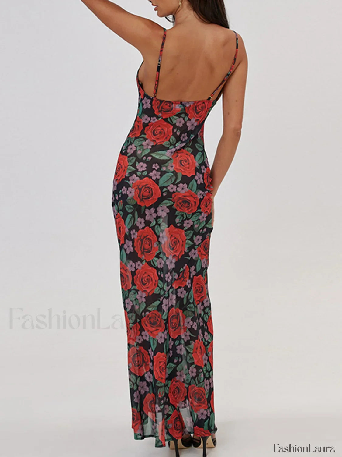 Semi-Sheer Floral Print Cami Long Dress