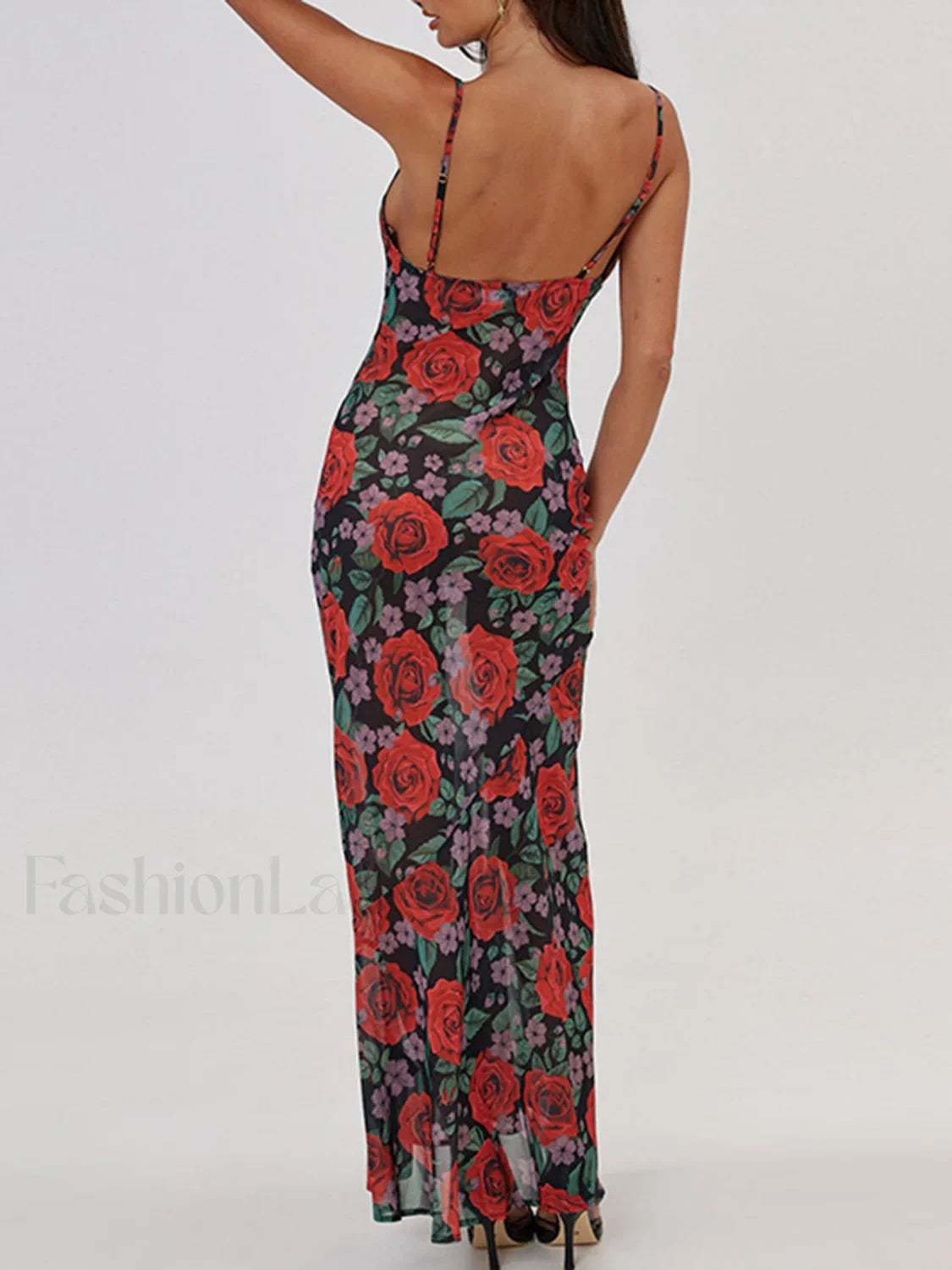 Semi-Sheer Floral Print Cami Long Dress