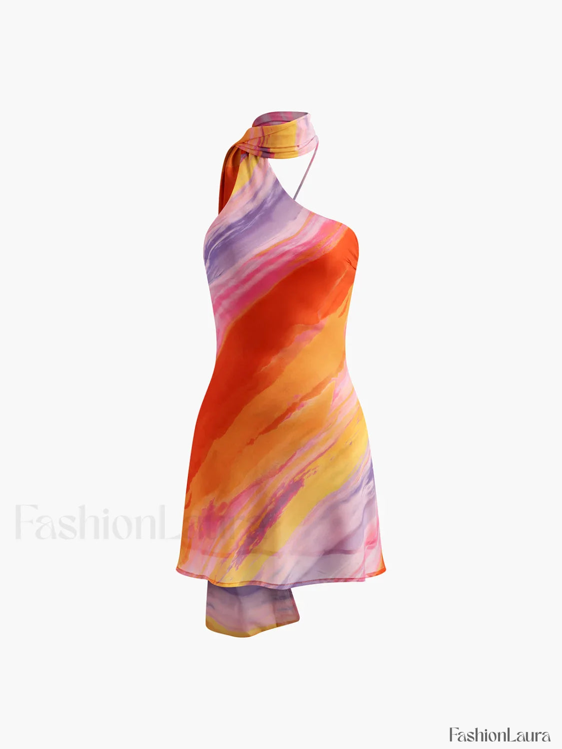 Semi-Sheer Halter Backless Tie Dye Short Dress