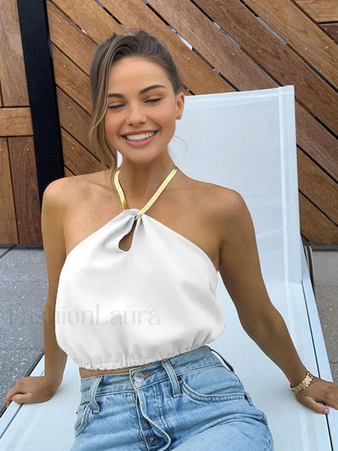 Semi-Sheer Halter Crop Sleeveless Top