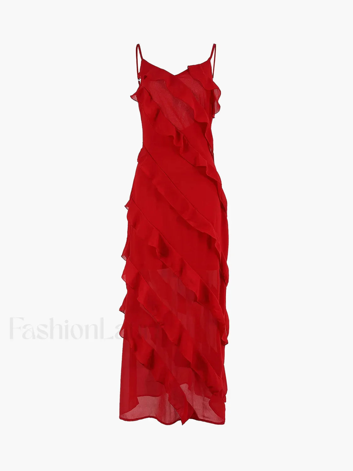 Semi Sheer Ladder Ruffle Zippered Long Dress Red / XS Dresses