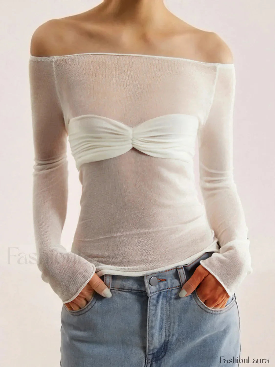 Semi-Sheer Off-Shoulder Mesh Long Sleeve Shirt