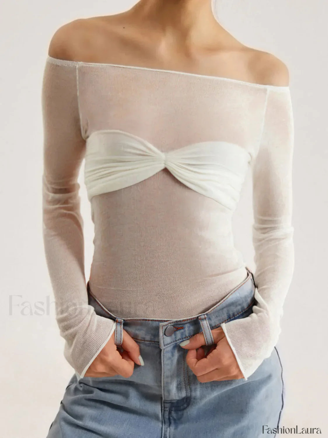 Semi-Sheer Off-Shoulder Mesh Long Sleeve Shirt