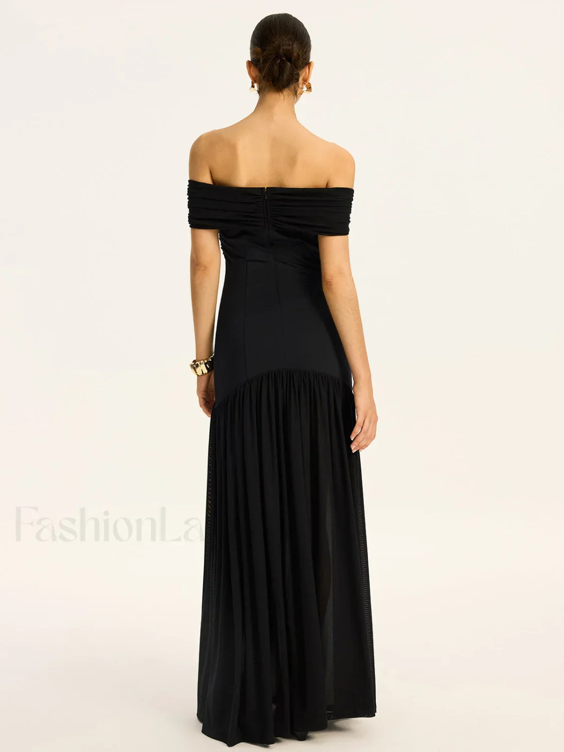 Semi-Sheer Off-Shoulder Ruched Mesh-Paneled Maxi Dress