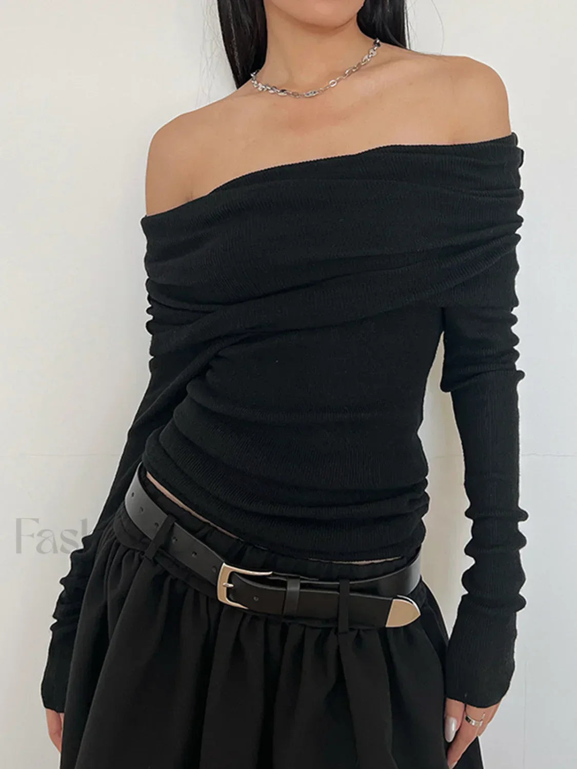 Semi Sheer Overfold Off Shoulder Shirt Black / XS T Shirts