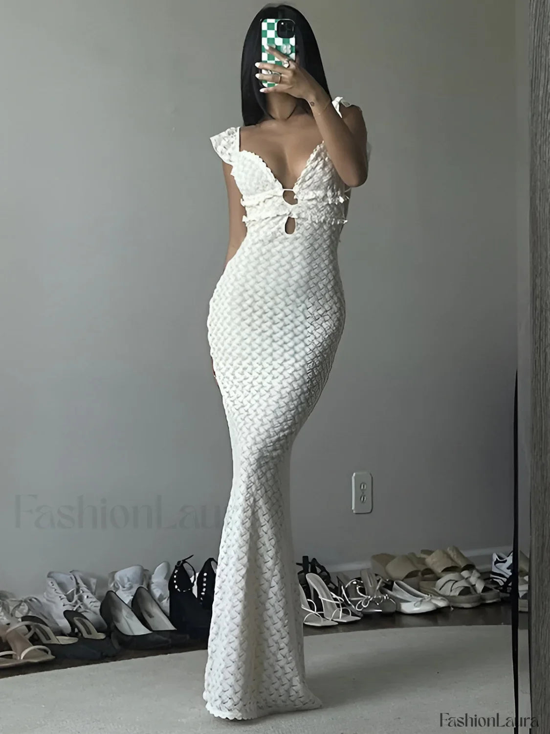 Semi-Sheer Pearl Keyhole Neckline Cami Long Dress