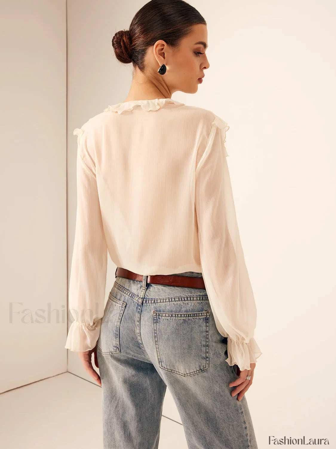 Semi-Sheer Ruffle Chiffon Breasted Blouse
