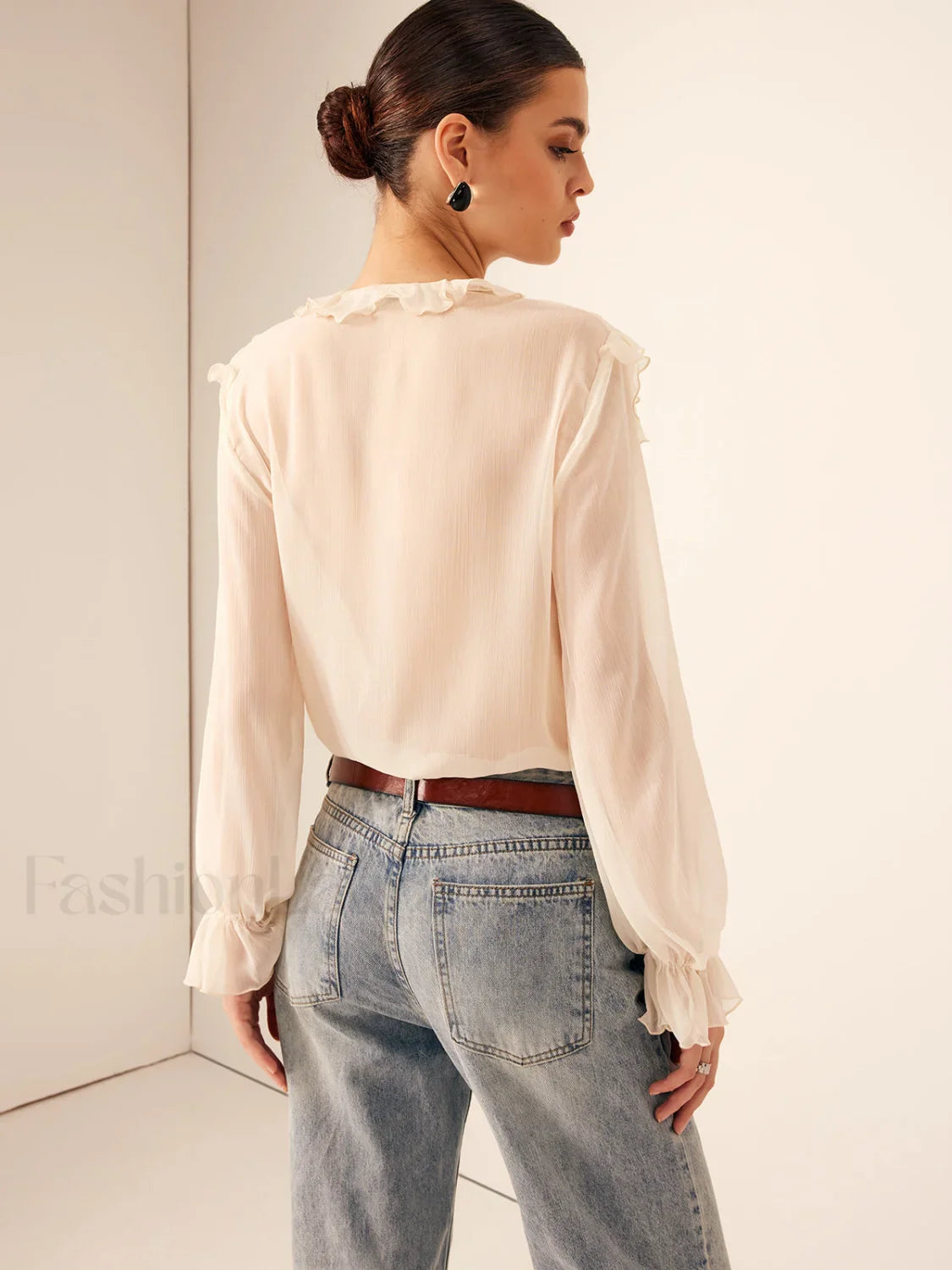Semi-Sheer Ruffle Chiffon Breasted Blouse