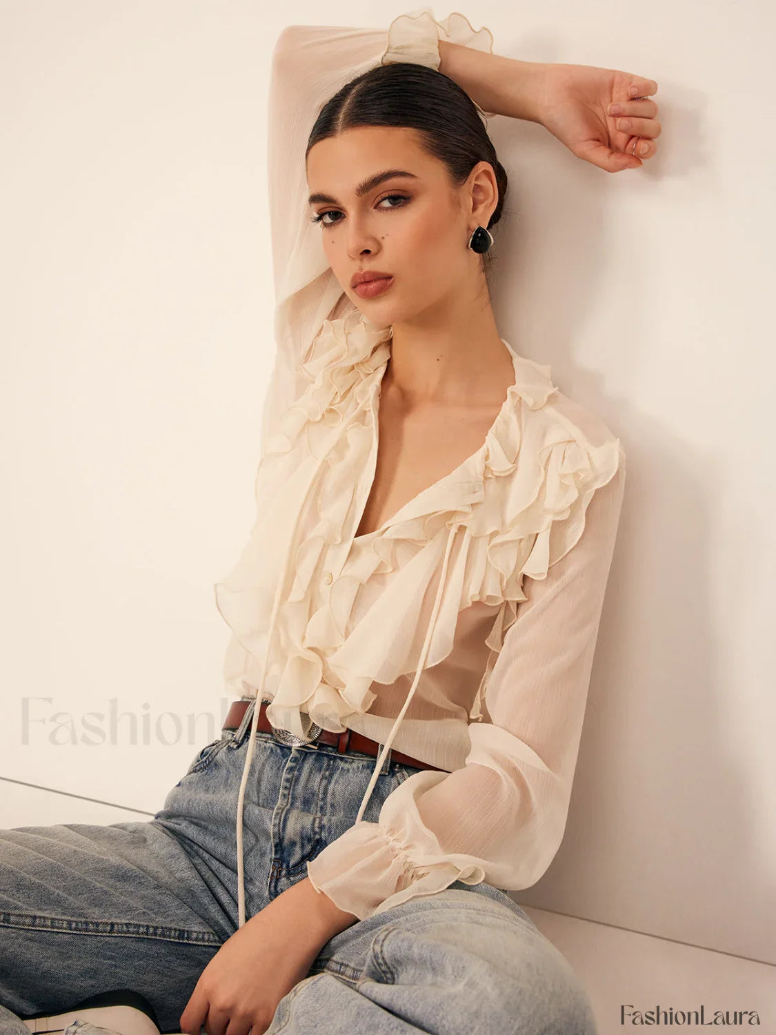 Semi-Sheer Ruffle Chiffon Breasted Blouse