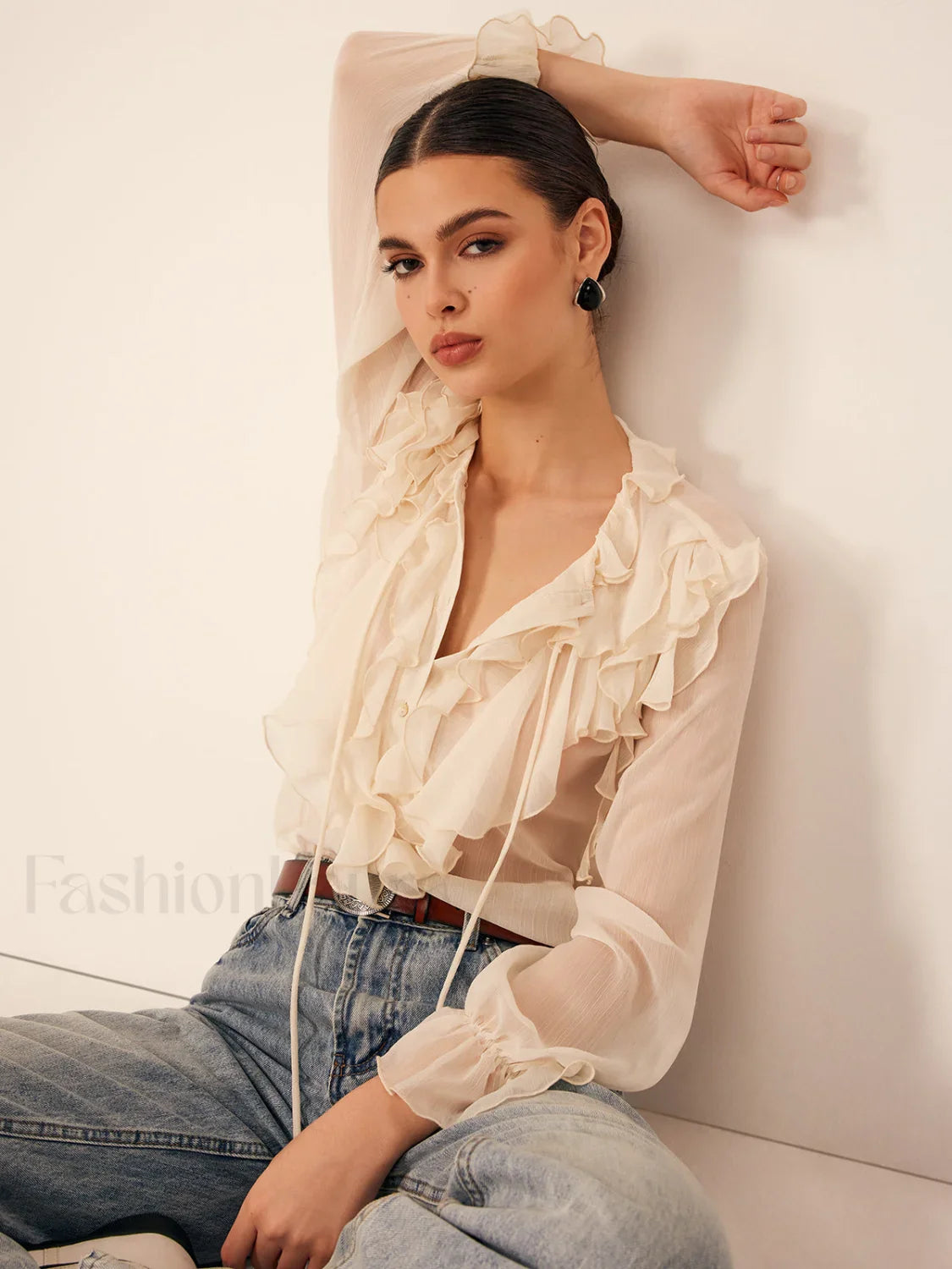 Semi-Sheer Ruffle Chiffon Breasted Blouse
