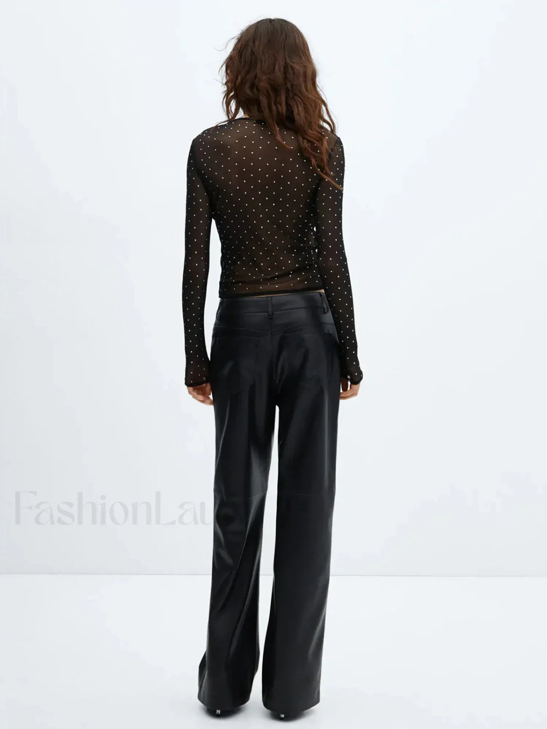 Semi-sheer Sequined Polka Dot Modern Long Sleeve Mesh Shirt